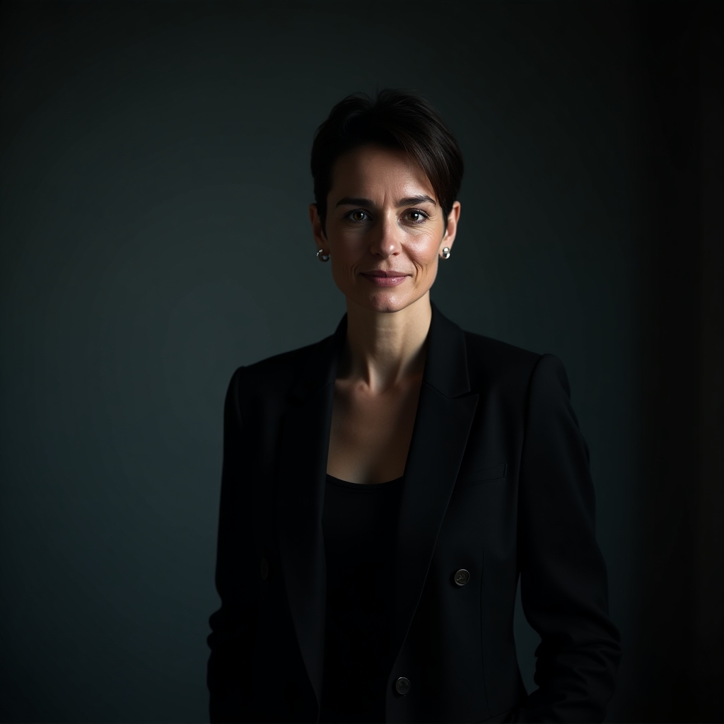 Moody studio portrait of the creative founder in a cinematic workspace