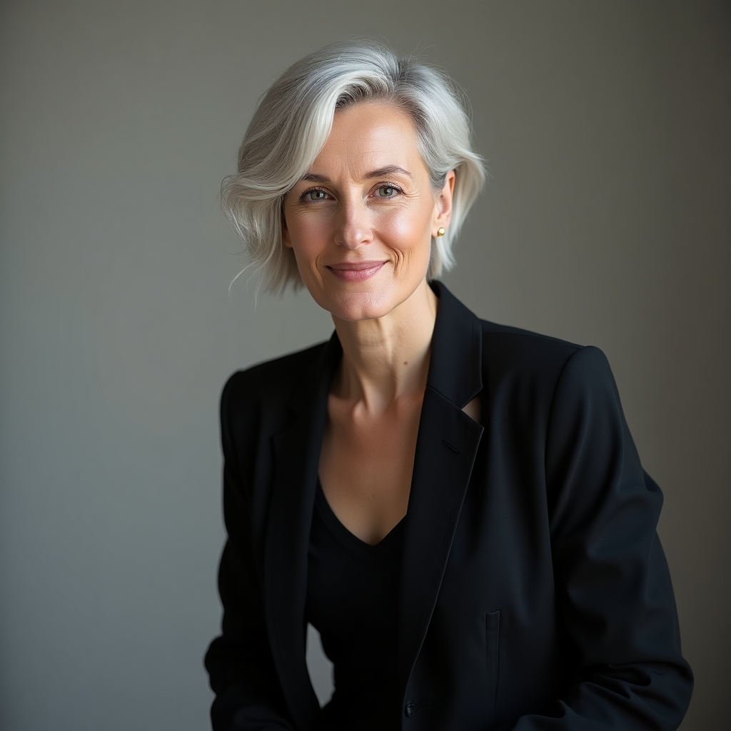 Portrait of a poised art director with short silver hair wearing a dark blazer