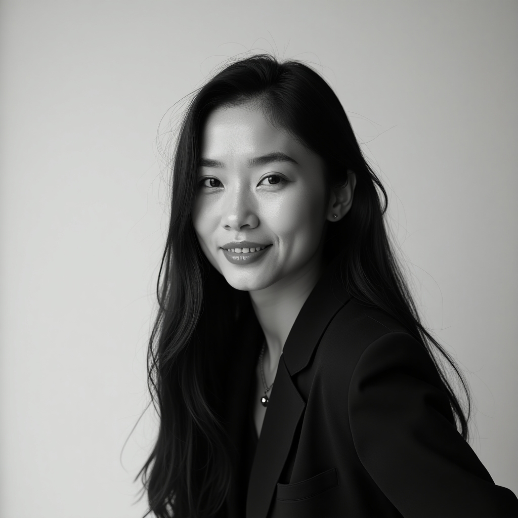 Portrait of a calm brand strategist with long black hair and a minimalist wardrobe