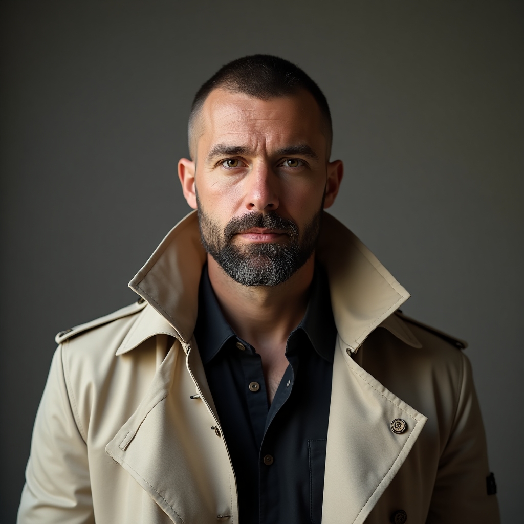 Portrait of a confident producer with a close-cropped beard and a light trench coat