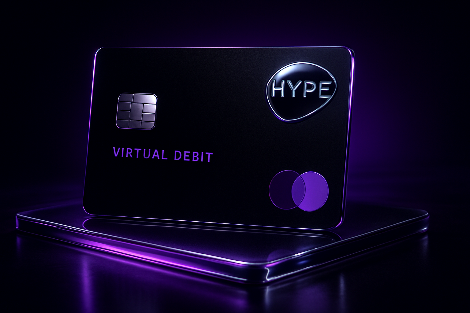 Futuristic black virtual debit card with electric purple neon glow and chrome accents on a glassy surface