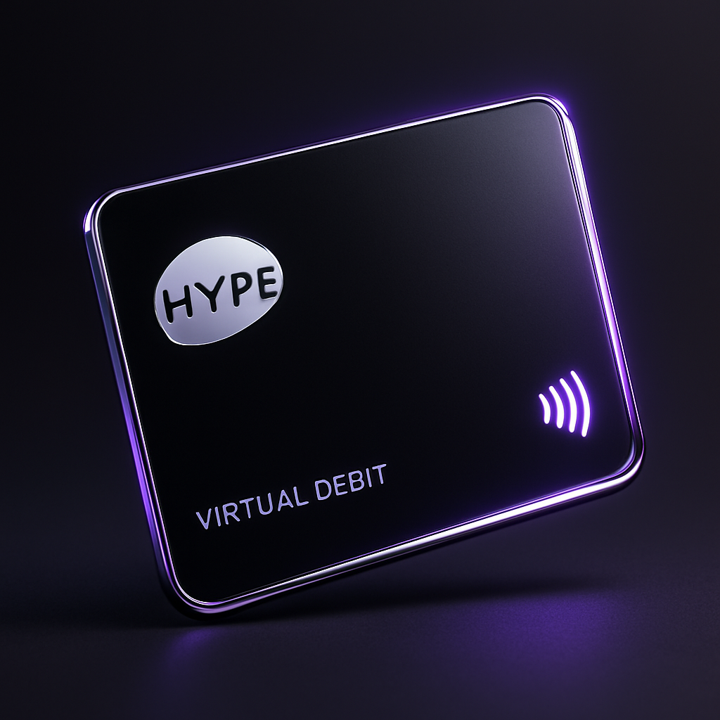 Futuristic black and chrome virtual debit card with electric purple accents and minimalist HYPE branding