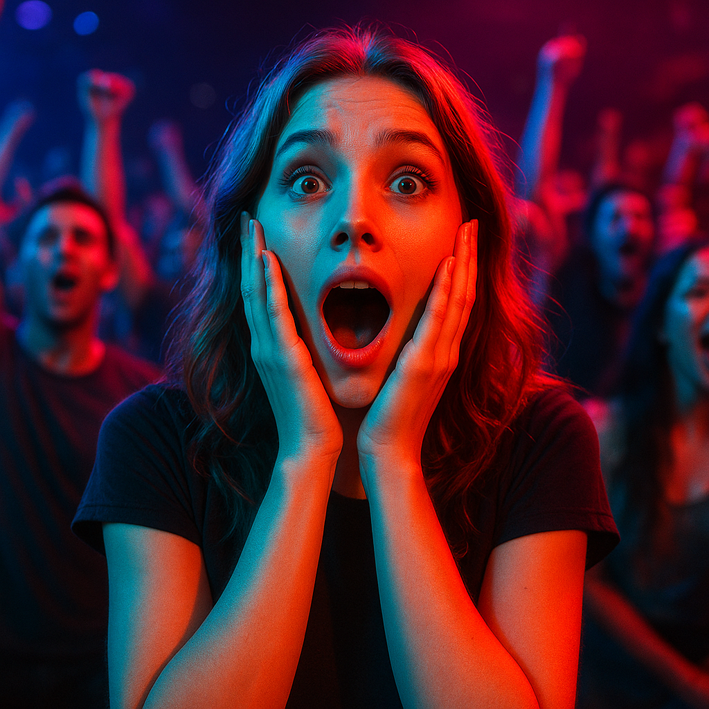Amazed young woman in a neon-lit crowd, jaw dropped, hands to her cheeks, mid-cheer