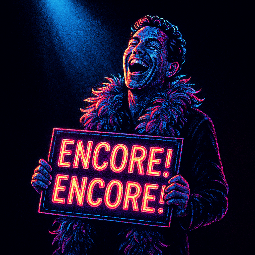 Laughing man in a dramatic spotlight, wearing a flamboyant feather boa, holding a sign that says 'Encore! Encore!'
