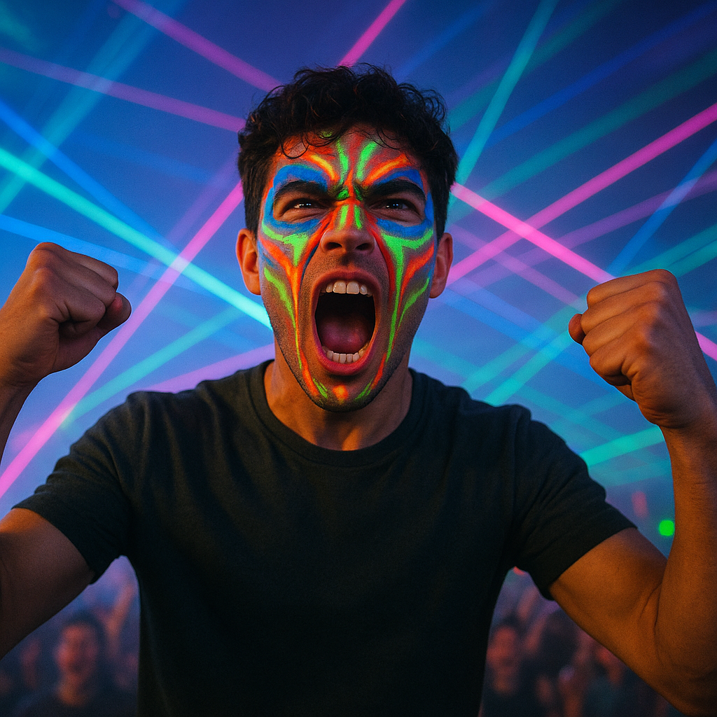 Young man with neon face paint, fists in the air, caught mid-shout, laser lights in background