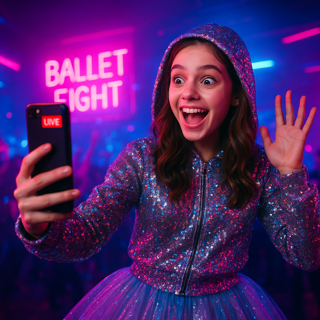 Teen girl in a sparkling tutu hoodie, holding her phone up mid-livestream, eyes wide with excitement