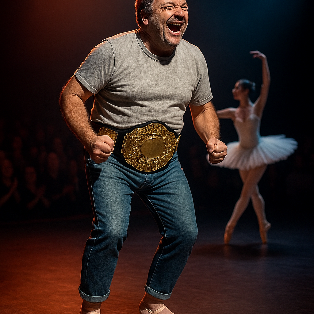 Middle-aged man with dramatic stage lighting, mid-laugh, wearing a faux championship belt and ballet slippers