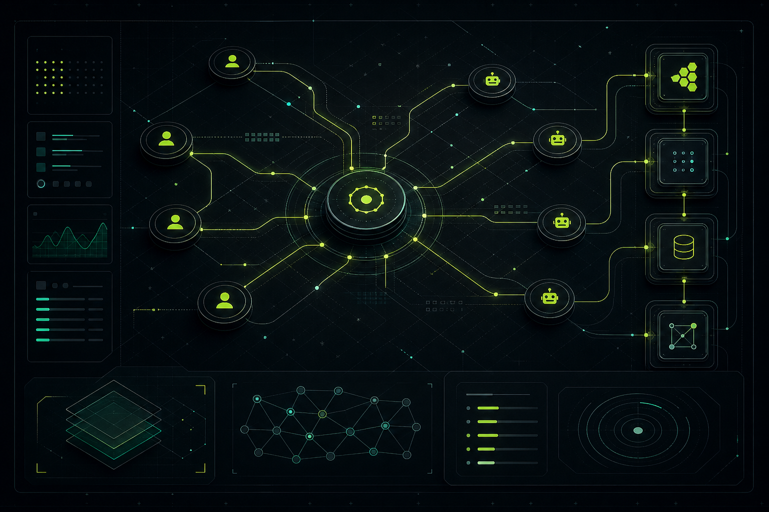 Abstract systems orchestration diagram with connected nodes, signal paths, and technical overlays