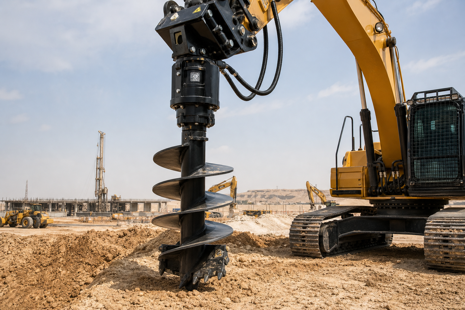Heavy-duty hydraulic auger attachment mounted on a tracked excavator, with a black auger flighting and reinforced drive head on a sandy construction site