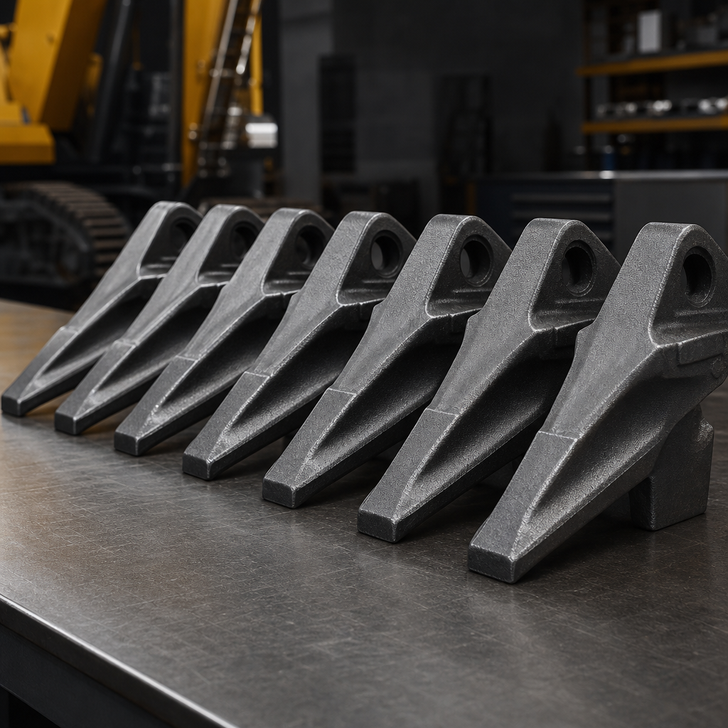 Forged excavator bucket teeth in a neat row on a workshop bench