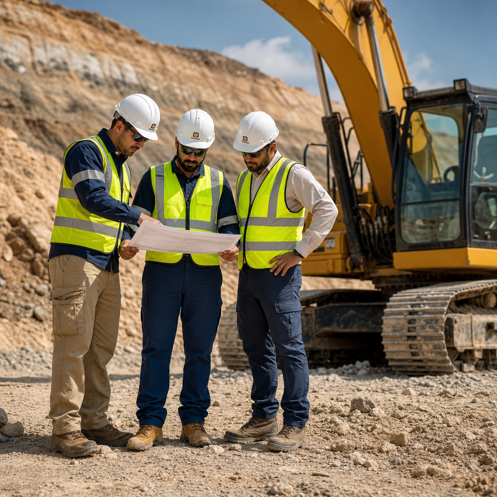 Senior engineering consultants reviewing a detailed soil report beside a rugged drilling rig and trenching attachments at a Saudi desert site, with survey equipment on a worktable