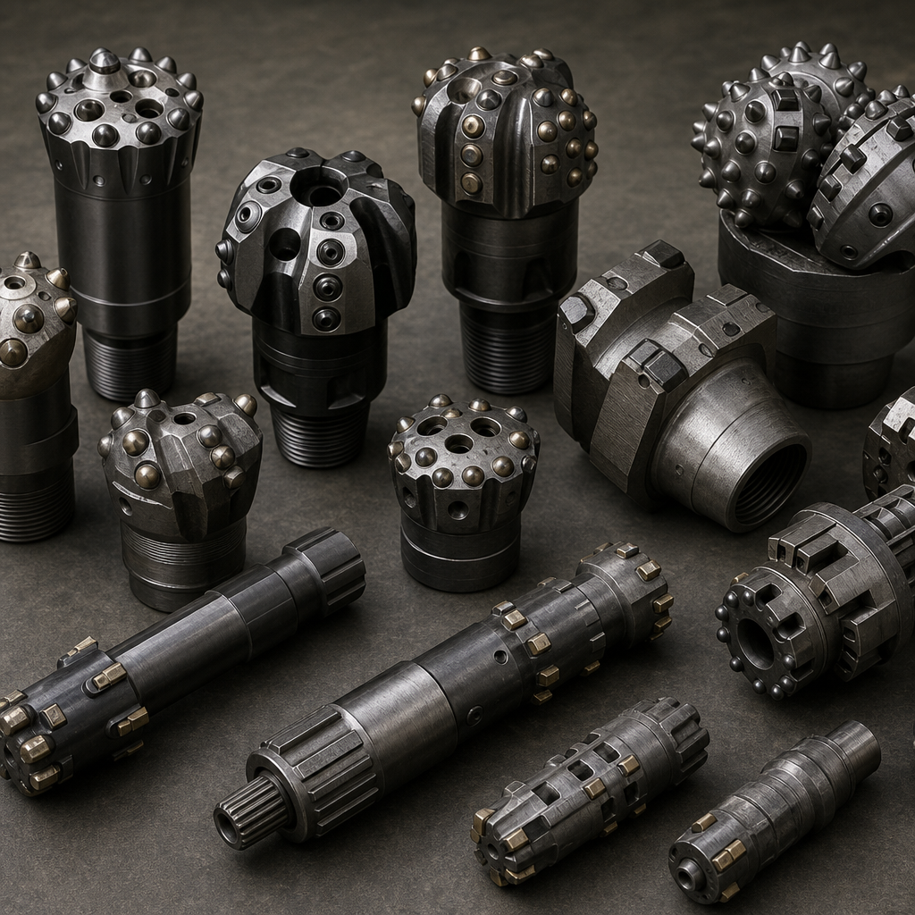 Industrial drilling bits and cutters laid out with metallic sheen