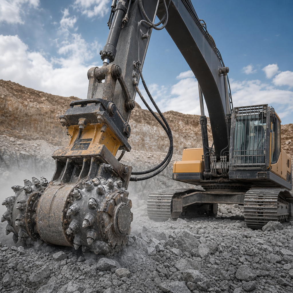 Twin-drum cutter attachment in industrial yellow mounted on a large excavator, cutting through layered rock in a quarry