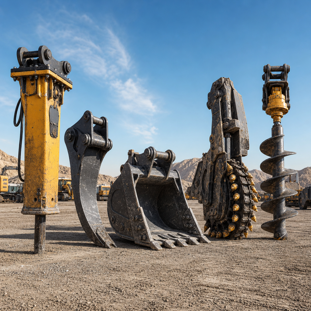 Assorted heavy-duty excavation attachments including ripper teeth, trenching buckets, and hydraulic breakers arranged on a work pad