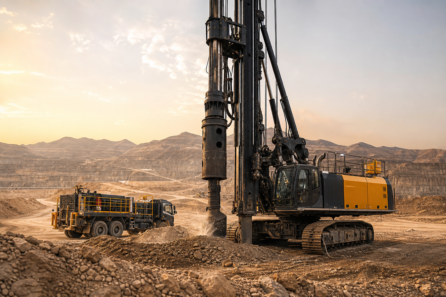 Large rotary drilling rig with steel mast operating at a desert mining site, showing drill string and support vehicles