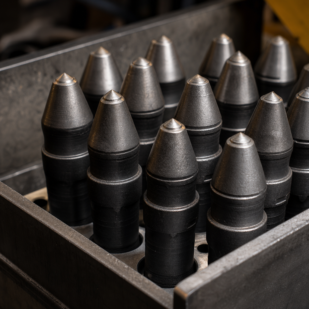 Carbide rock cutting picks arranged in a heavy-duty industrial tray
