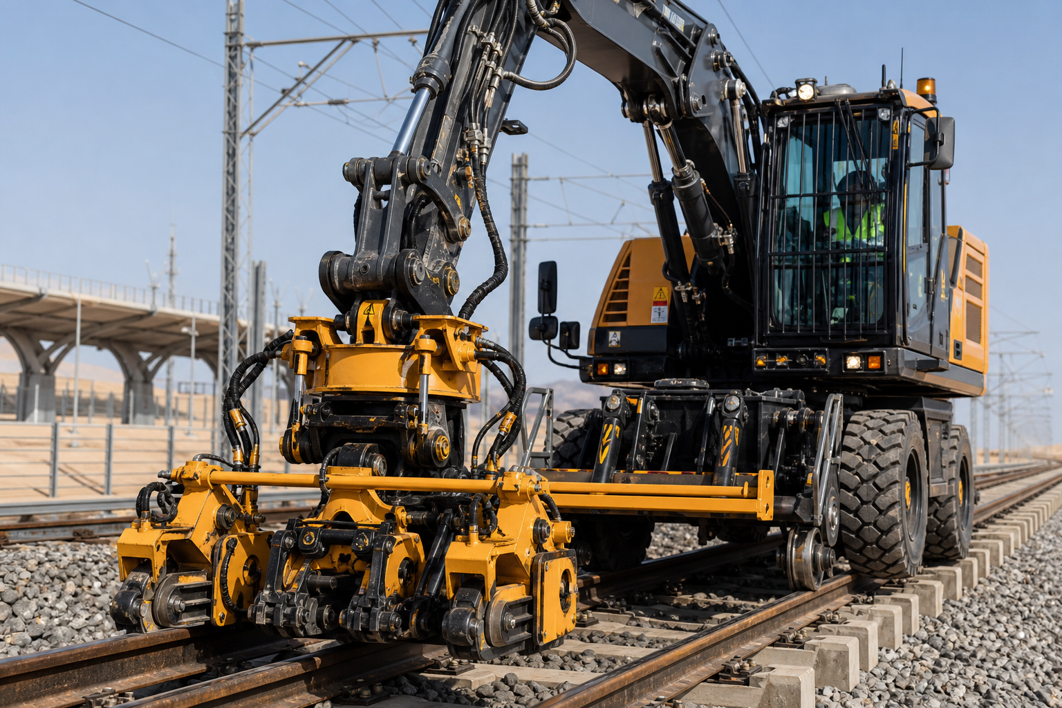 Railway maintenance attachment with hydraulic clamps and alignment arms installed on a rail excavator beside active track infrastructure