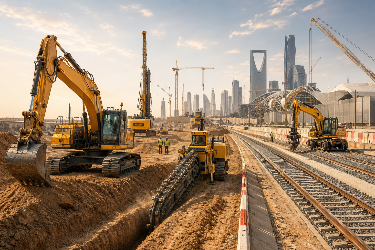 High-end Saudi infrastructure construction site with heavy machinery operating along a rail corridor and trenching work under clear desert light