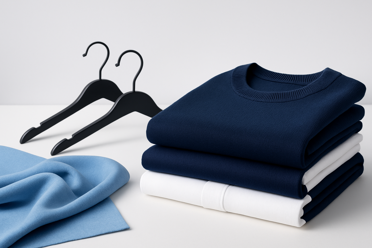 Premium clothing showcase with folded navy and white garments, sleek hangers, and minimalist studio styling