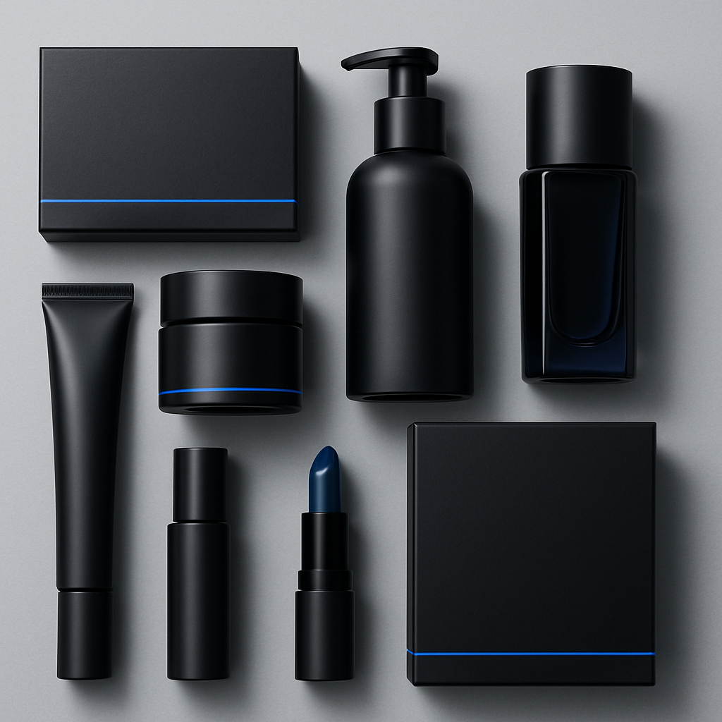 Premium branded beauty collection with matte black boxes and blue accents