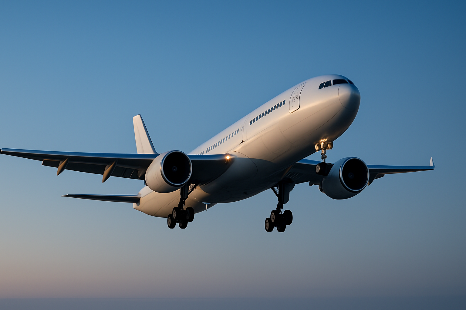 Close-up of a sleek commercial airplane taking off at dusk with a clear sky and subtle blue accents