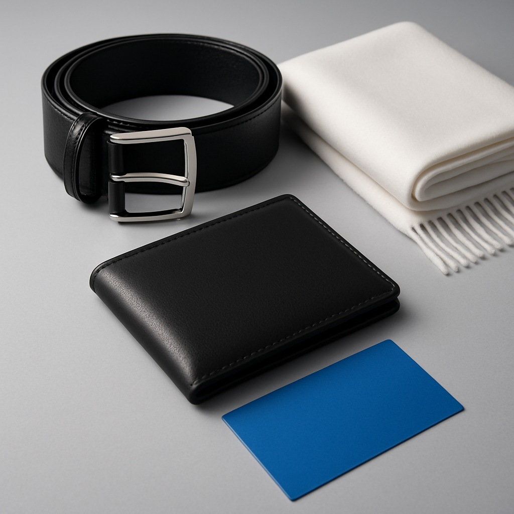 Luxury accessories set featuring a black leather belt, minimal wallet, and folded white scarf on a studio background