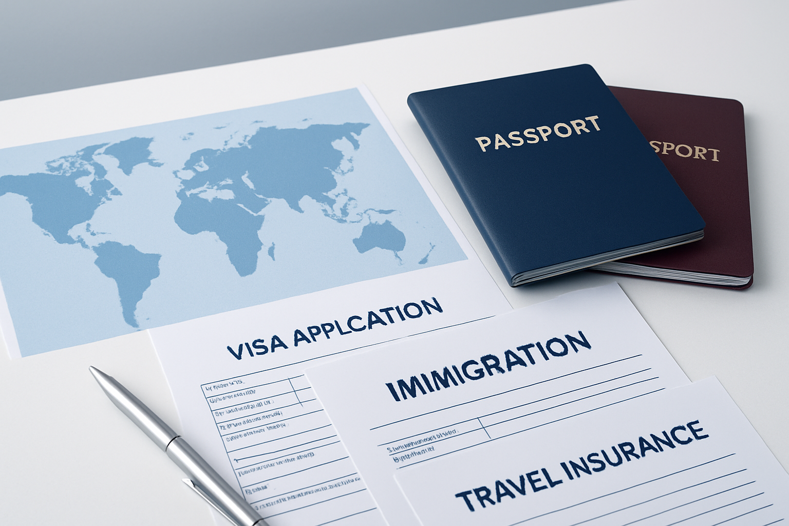 Neatly arranged international documents and passports beside a world map in a premium workspace