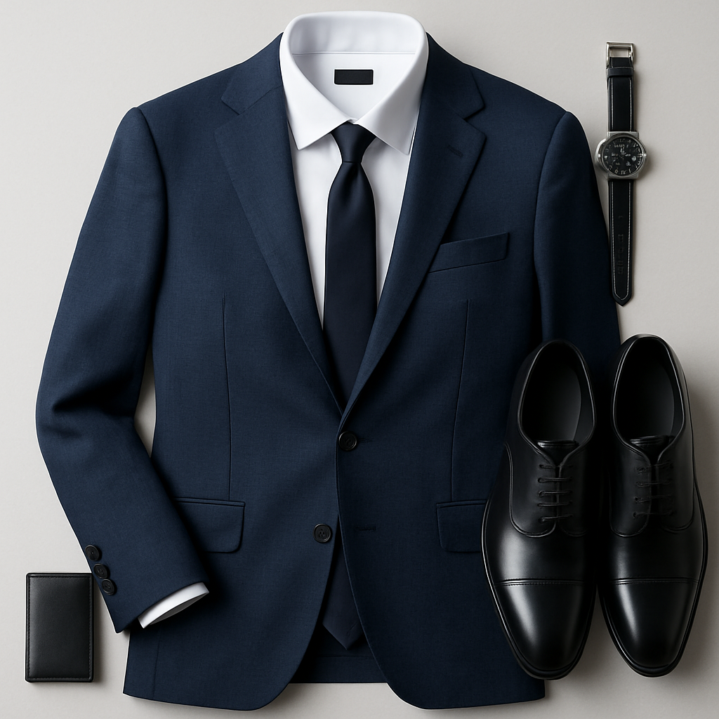Menswear arrangement with a navy suit jacket, crisp white shirt, and minimalist tie on a light surface