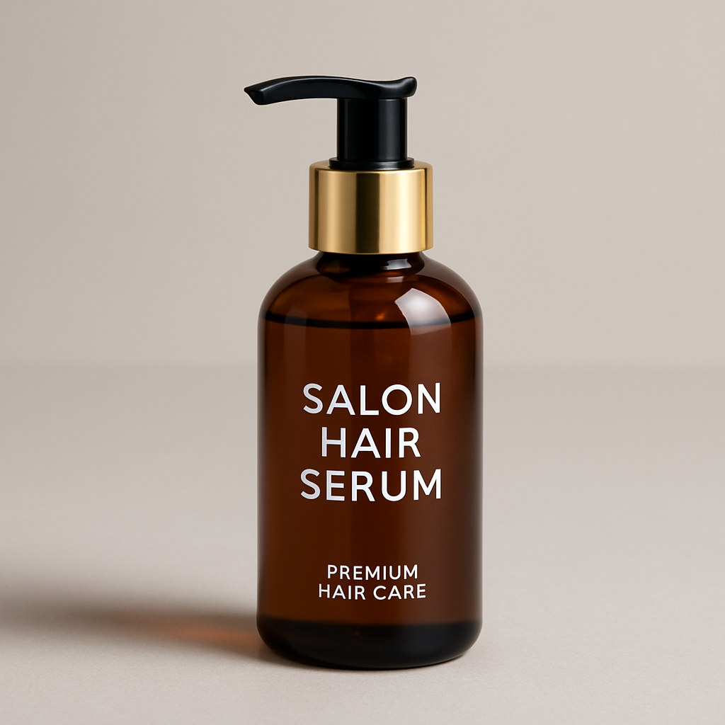 Amber pump bottle of salon hair serum with golden accents on a clean backdrop