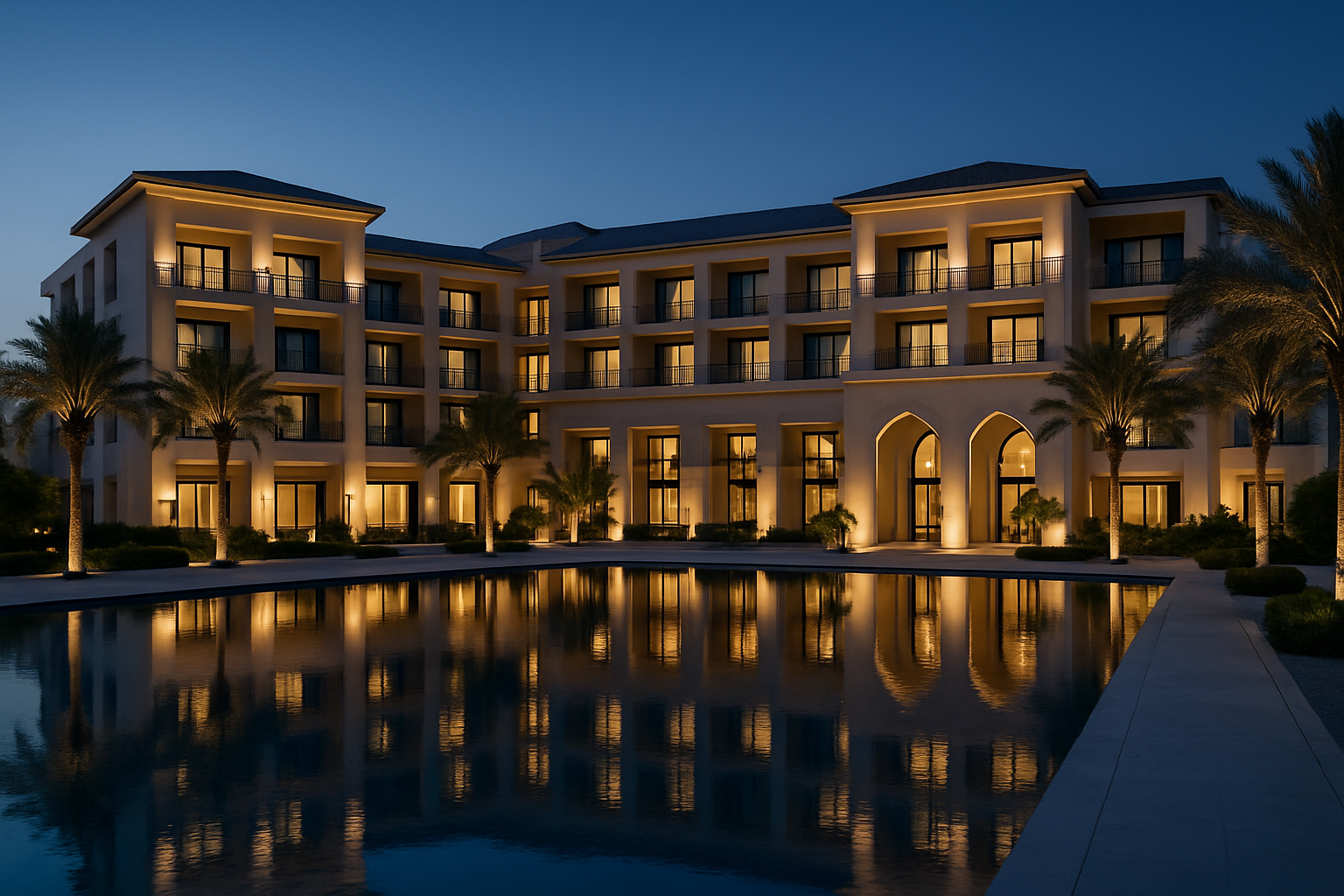 Luxury waterfront hotel exterior at evening with warm lights, palm trees, and a calm pool reflecting the building