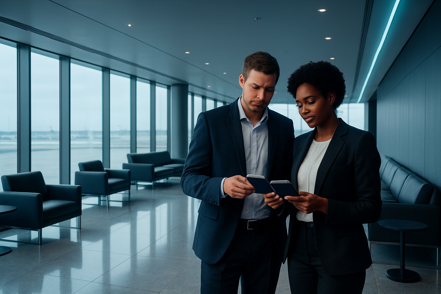 Elegant modern airport lounge with a diverse international traveler couple reviewing passports and tickets under cool blue ambient lighting