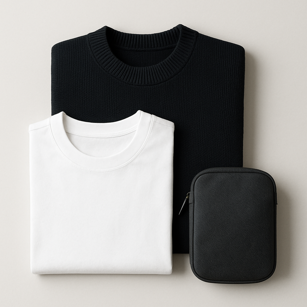 Premium casualwear with folded black knitwear, a white tee, and a minimalist accessory pouch