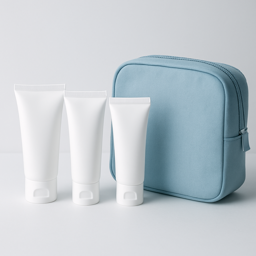 Compact personal care kit with white travel tubes and a soft blue pouch
