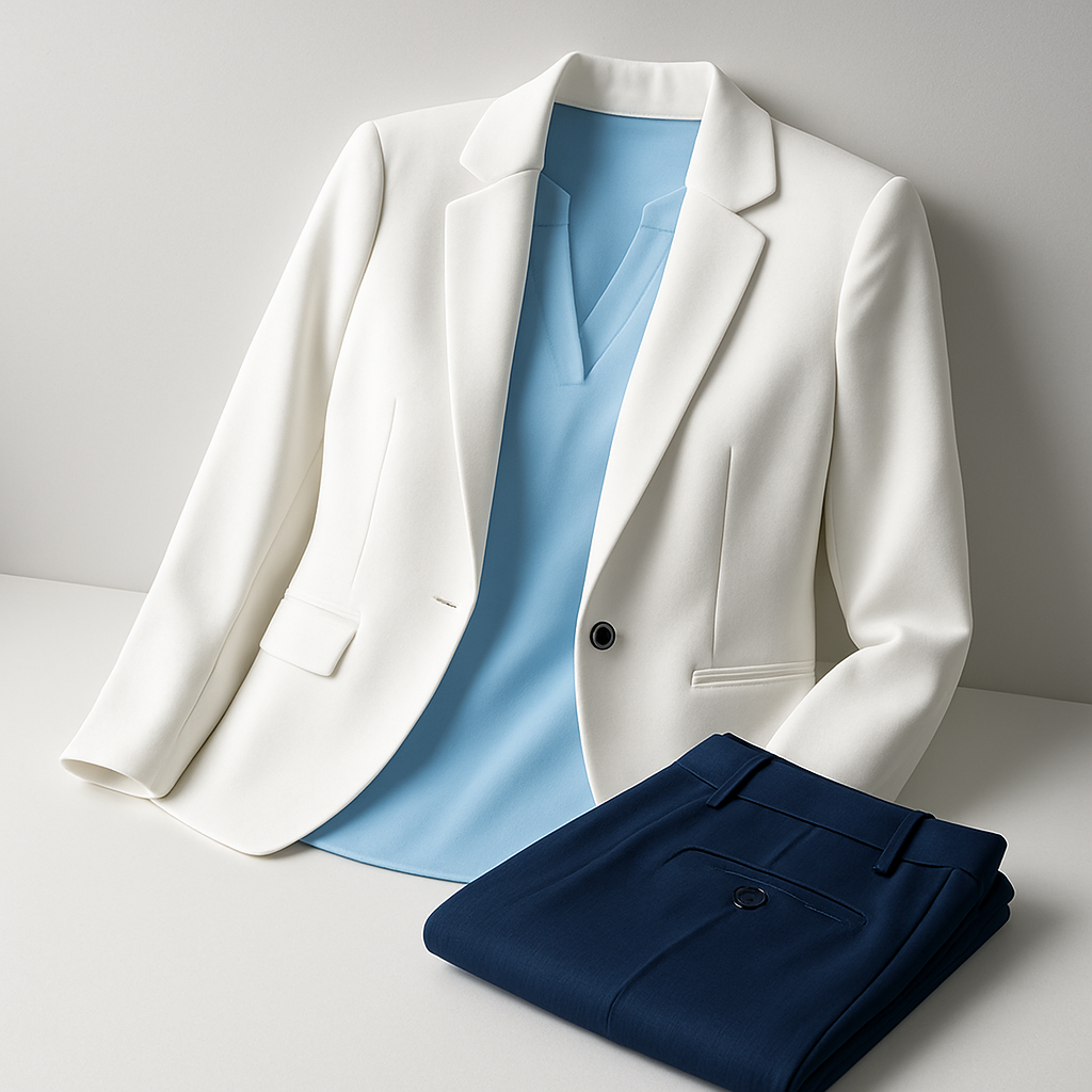 Women’s apparel set with a tailored white blazer, soft blue blouse, and neat folded trousers on a clean studio table