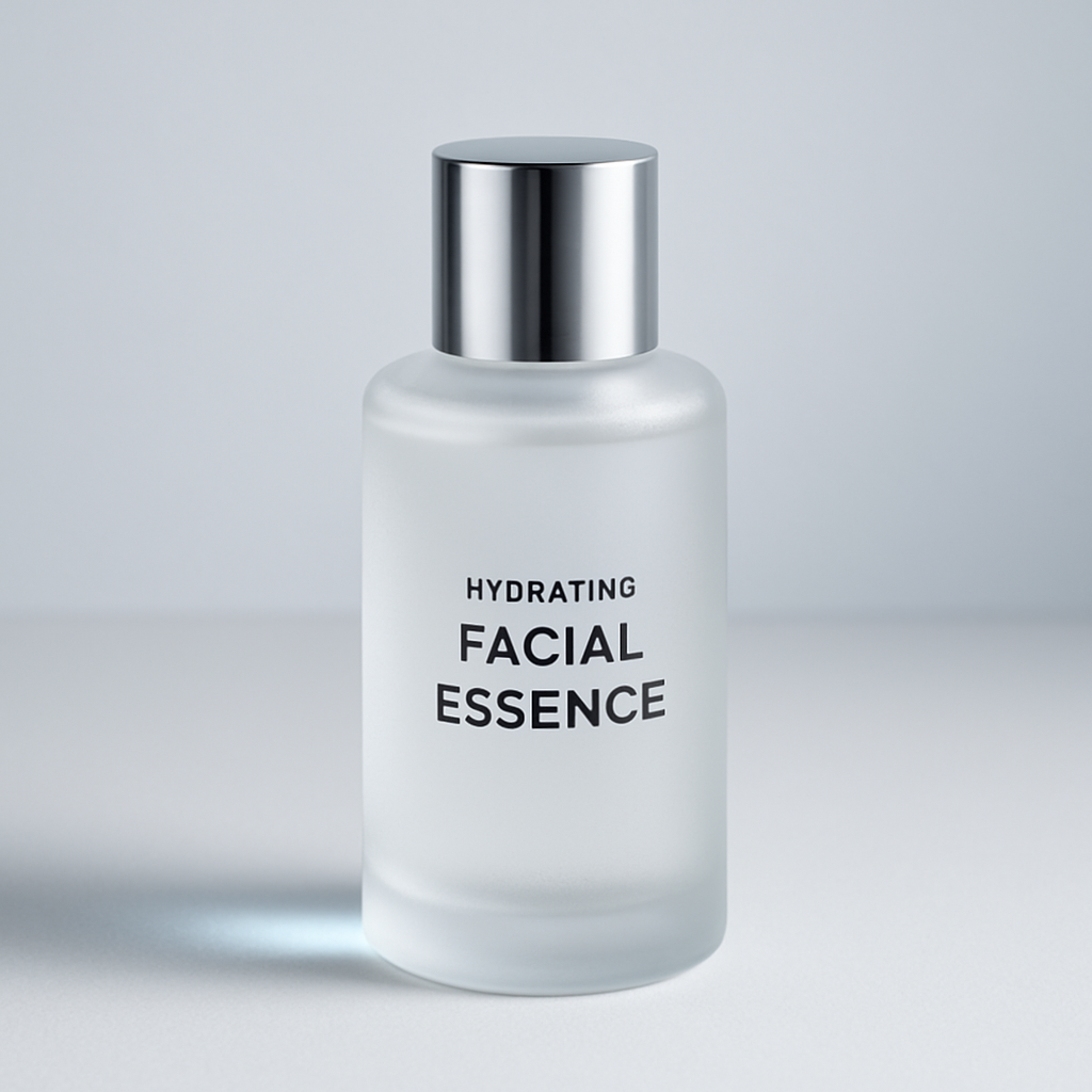 Frosted glass bottle of hydrating facial essence with a silver cap and minimal label