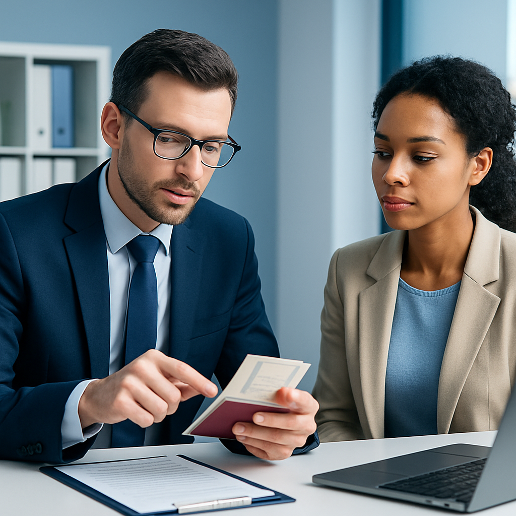 Professional visa advisor reviewing travel documents with an international client in a modern office