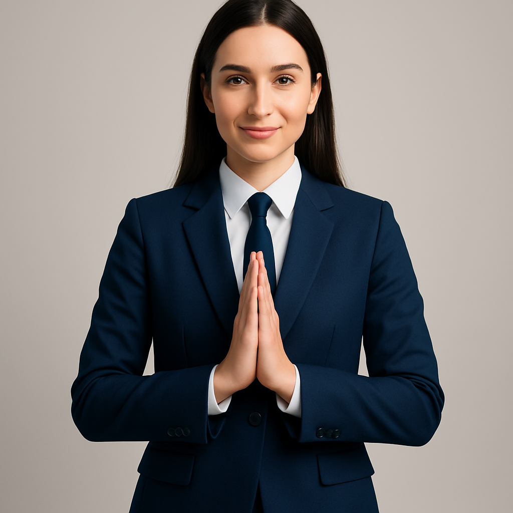Welcoming young professional woman in a formal coat, pants, and tie, standing forward with hands joined in a respectful welcome gesture