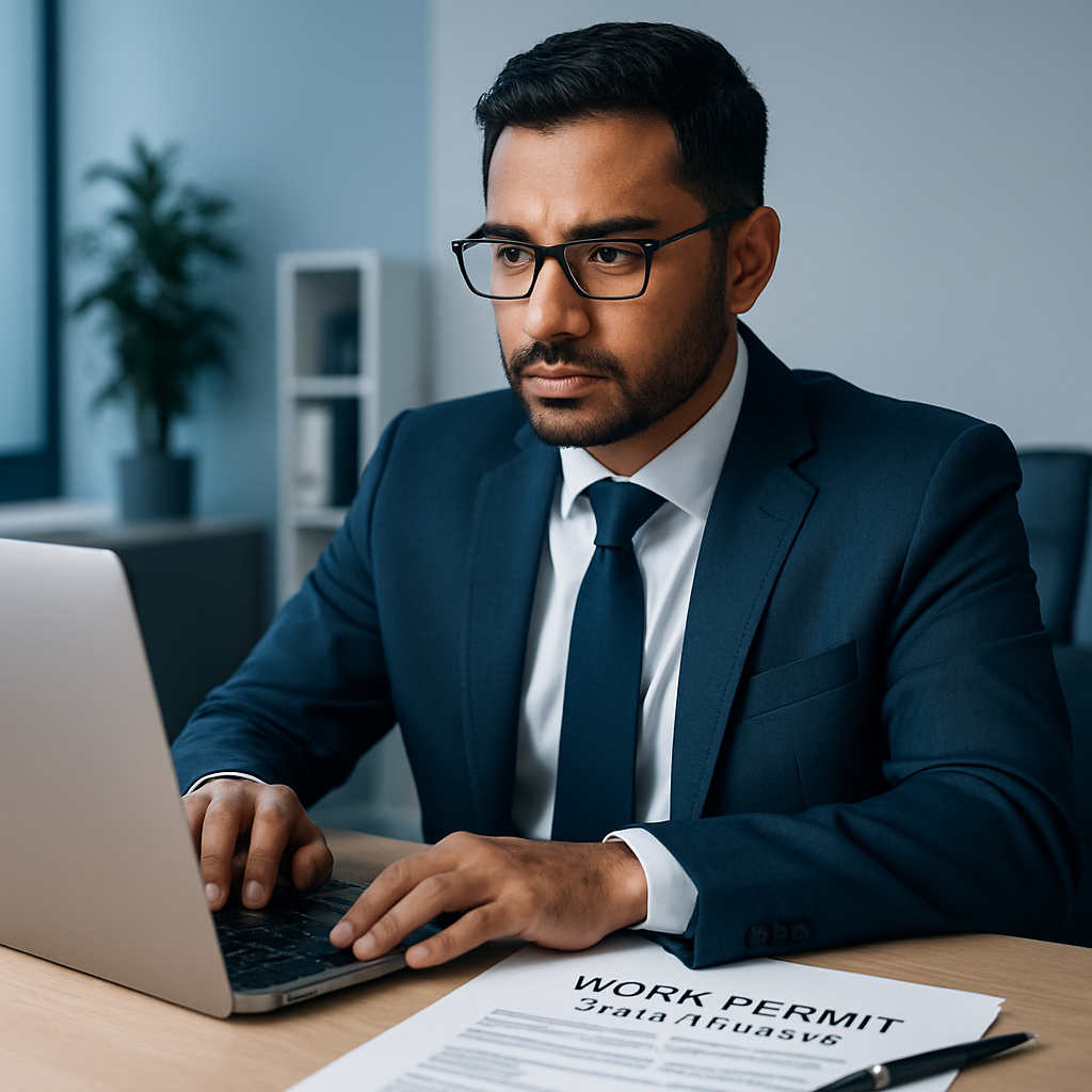 Corporate professional reviewing a work permit application with a laptop and official forms