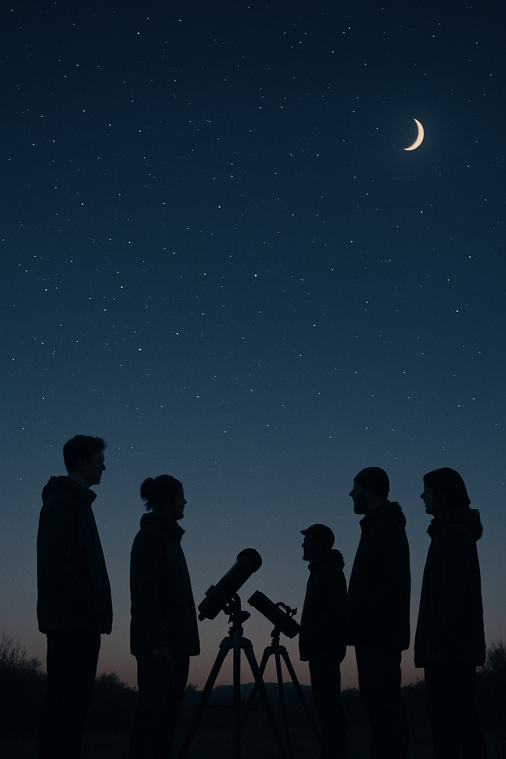 Small local astronomy group silhouetted beside telescopes under a calm starry sky