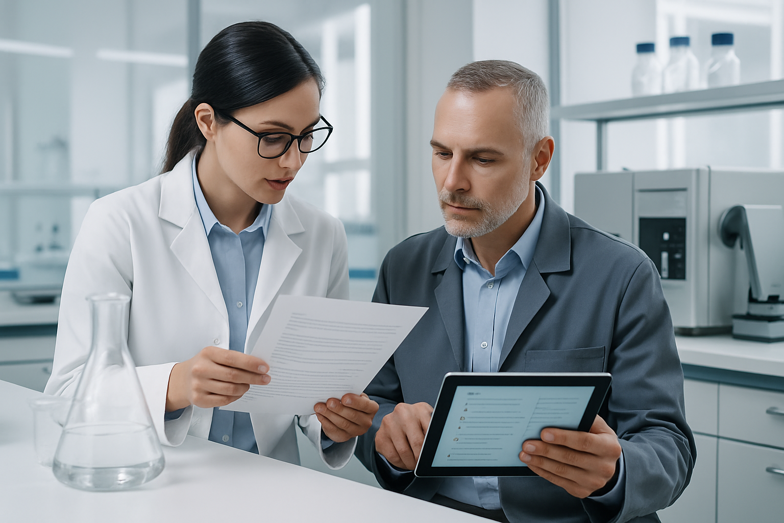 Refined laboratory quality-review setting with professionals validating documentation beside analytical instruments in a clean corporate scientific workspace