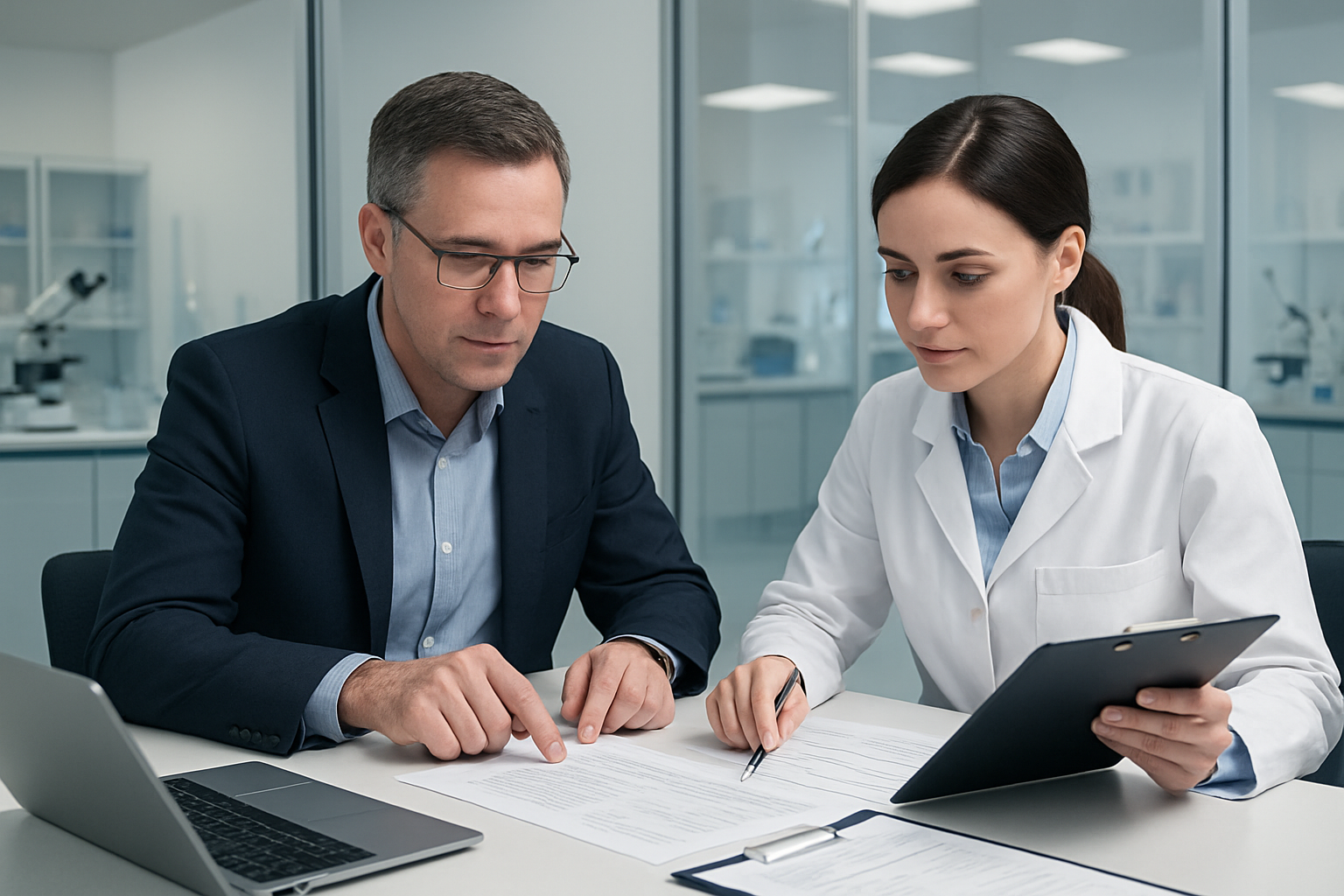 Refined laboratory and technical review workspace with printed documentation, quality control notes, and professionals coordinating sourcing records