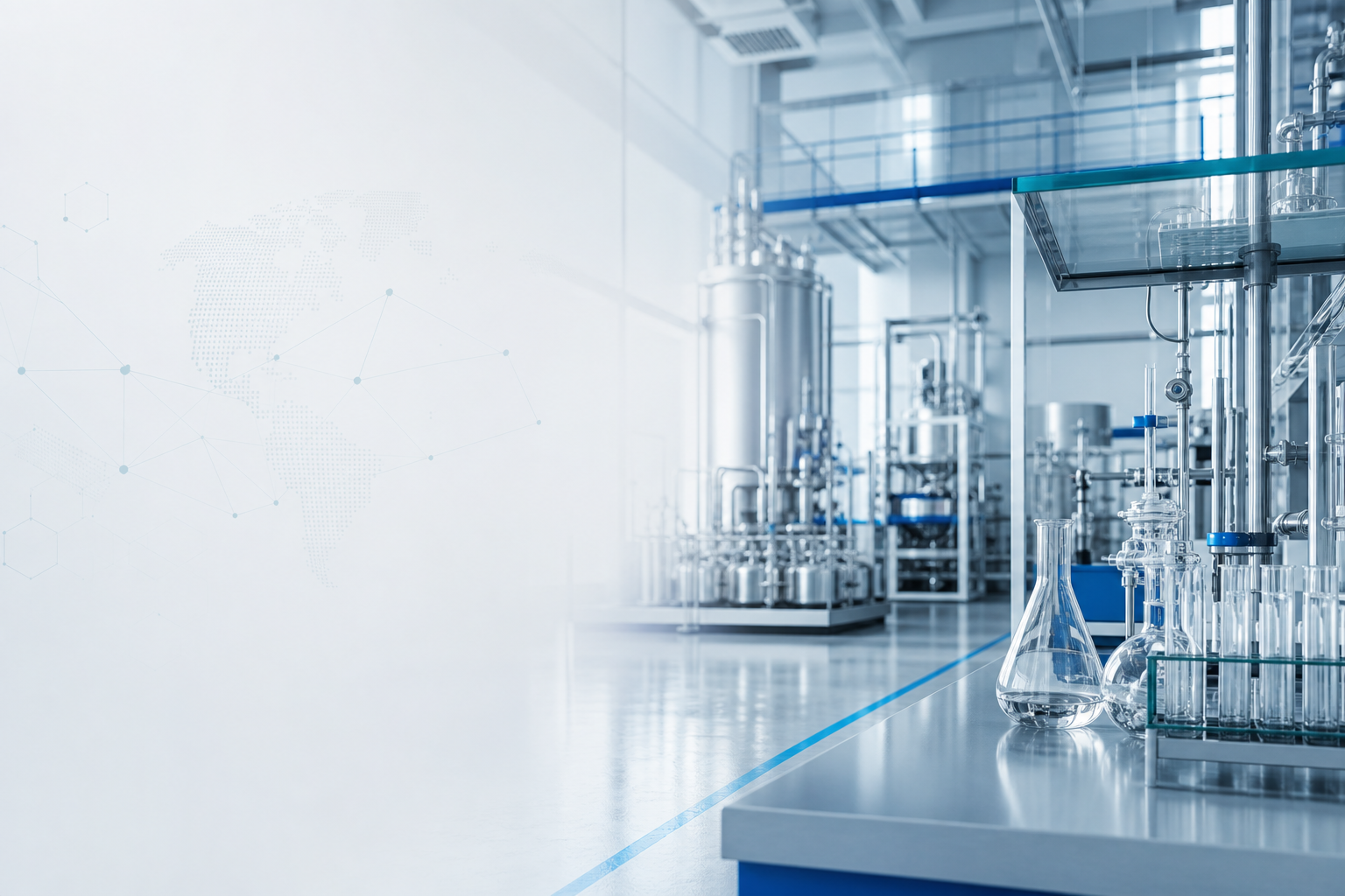 Refined laboratory and precision manufacturing environment with stainless process lines, glass instrumentation, and cool-toned industrial depth