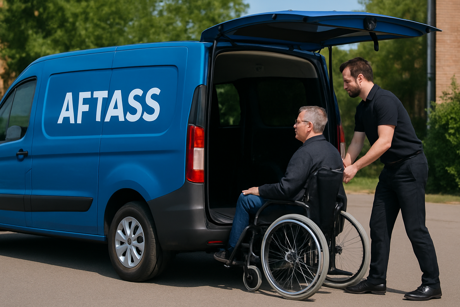 Professional accessibility service scene with a branded AFTASS van, the word AFTASS clearly visible on the side panel, rear doors lifting upward for a clear back-access entry, and a wheelchair client entering from the rear with respectful assistance in daylight