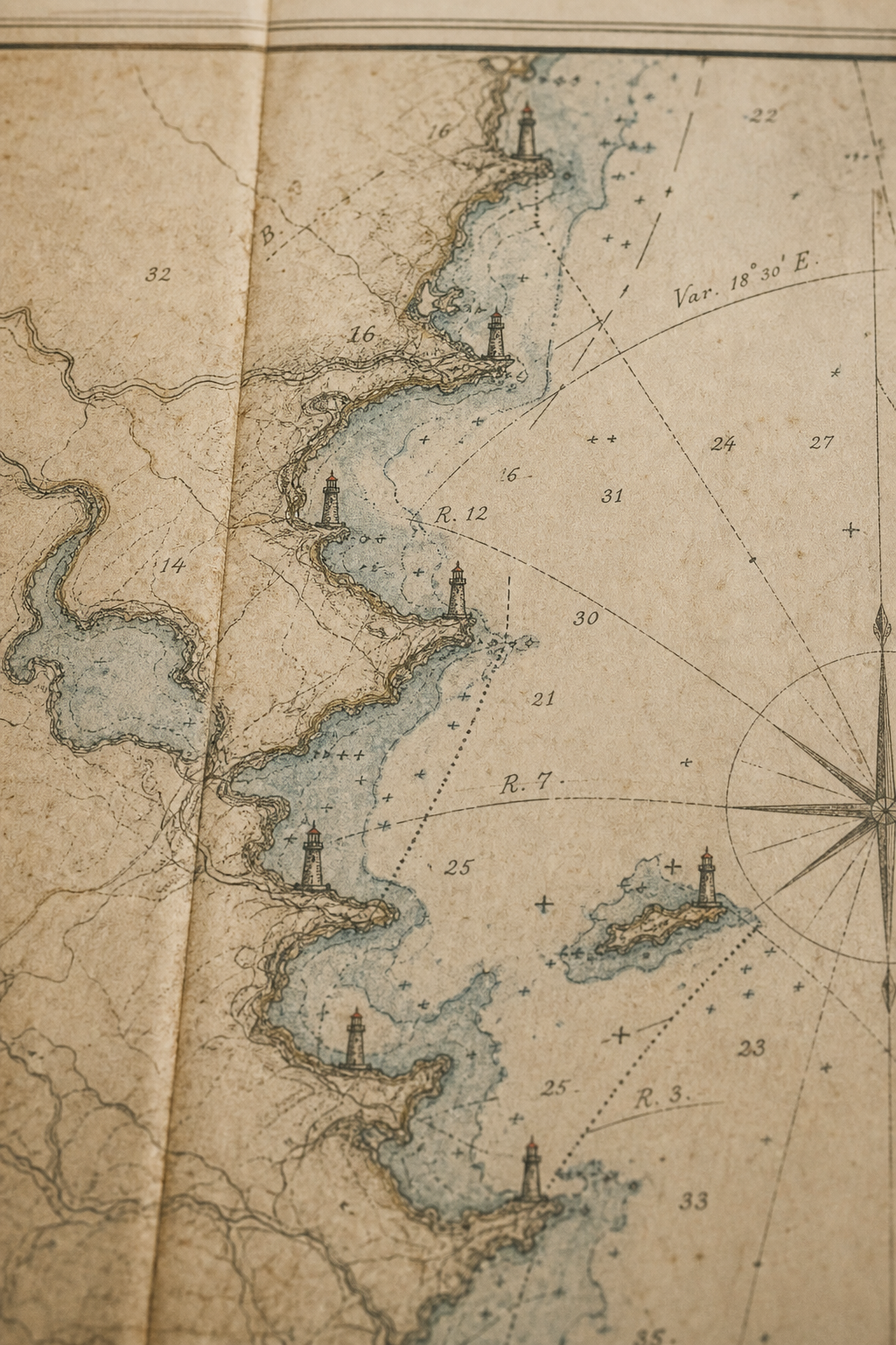 Cropped archival coastal map fragment with lighthouse marks, aged paper grain, and handwritten route notes