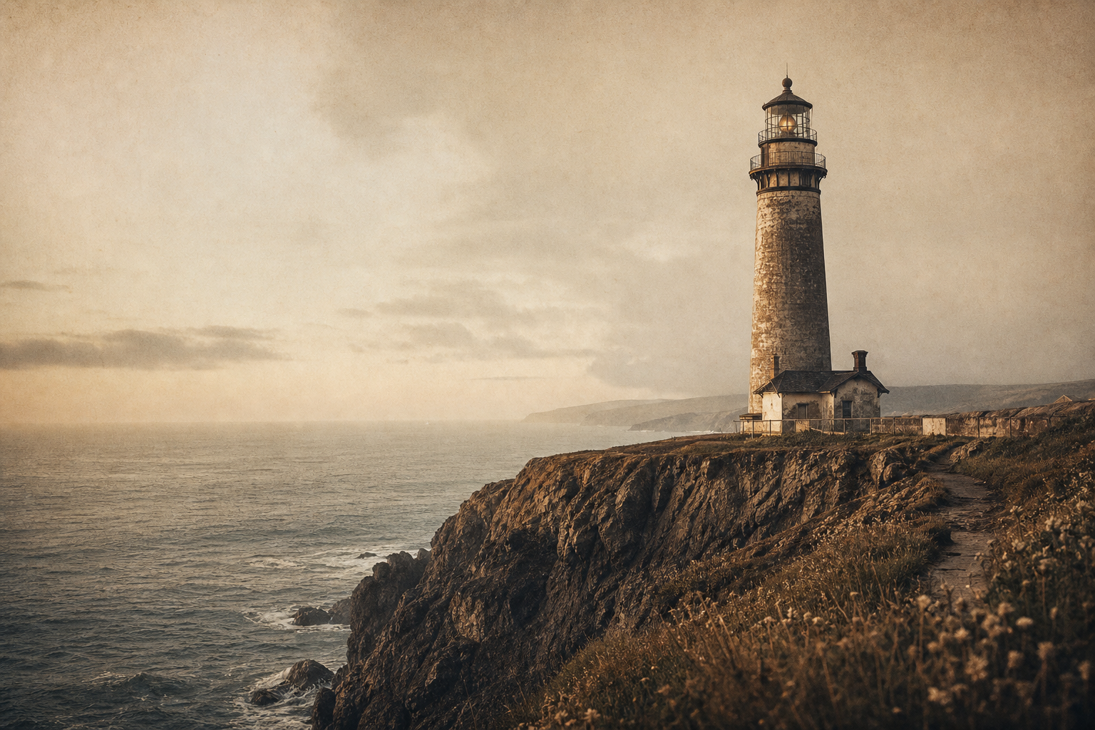 Archival-style photograph of a weathered stone lighthouse on the northern coast at dusk, with calm sea mist and warm film-like tones
