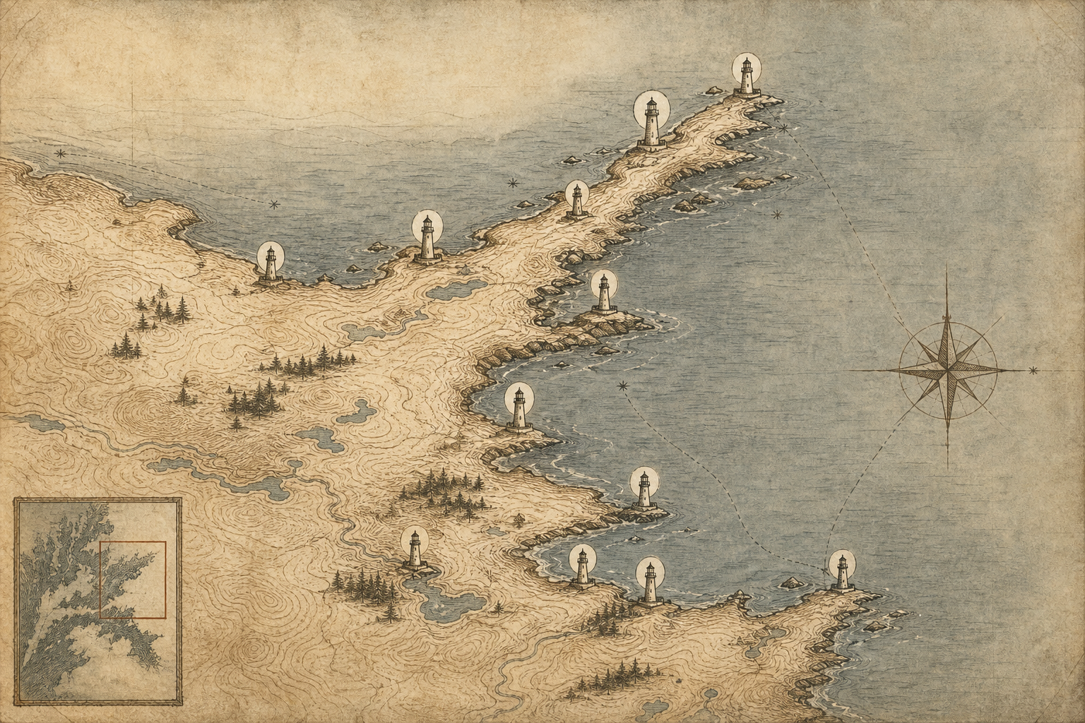 Stylized northern coast map with hand-drawn shoreline, lighthouse symbols, and archival paper shading