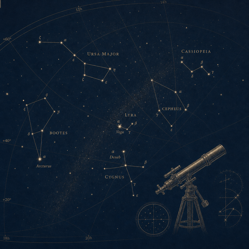 Subtle close-up star chart illustration with fine constellation lines and telescope annotation marks