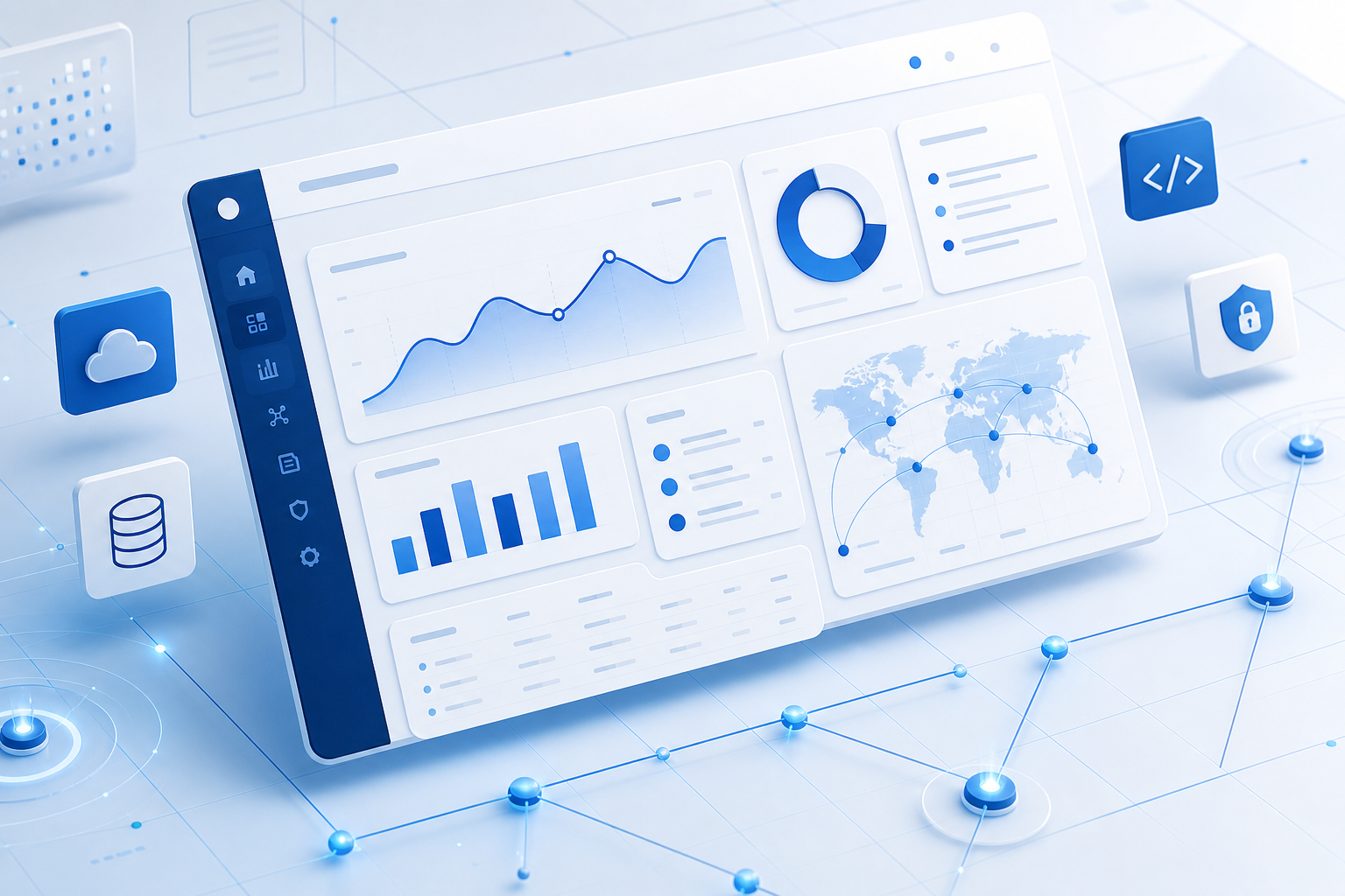 Abstract corporate software interface dashboard with blue and white panels, charts, and network nodes