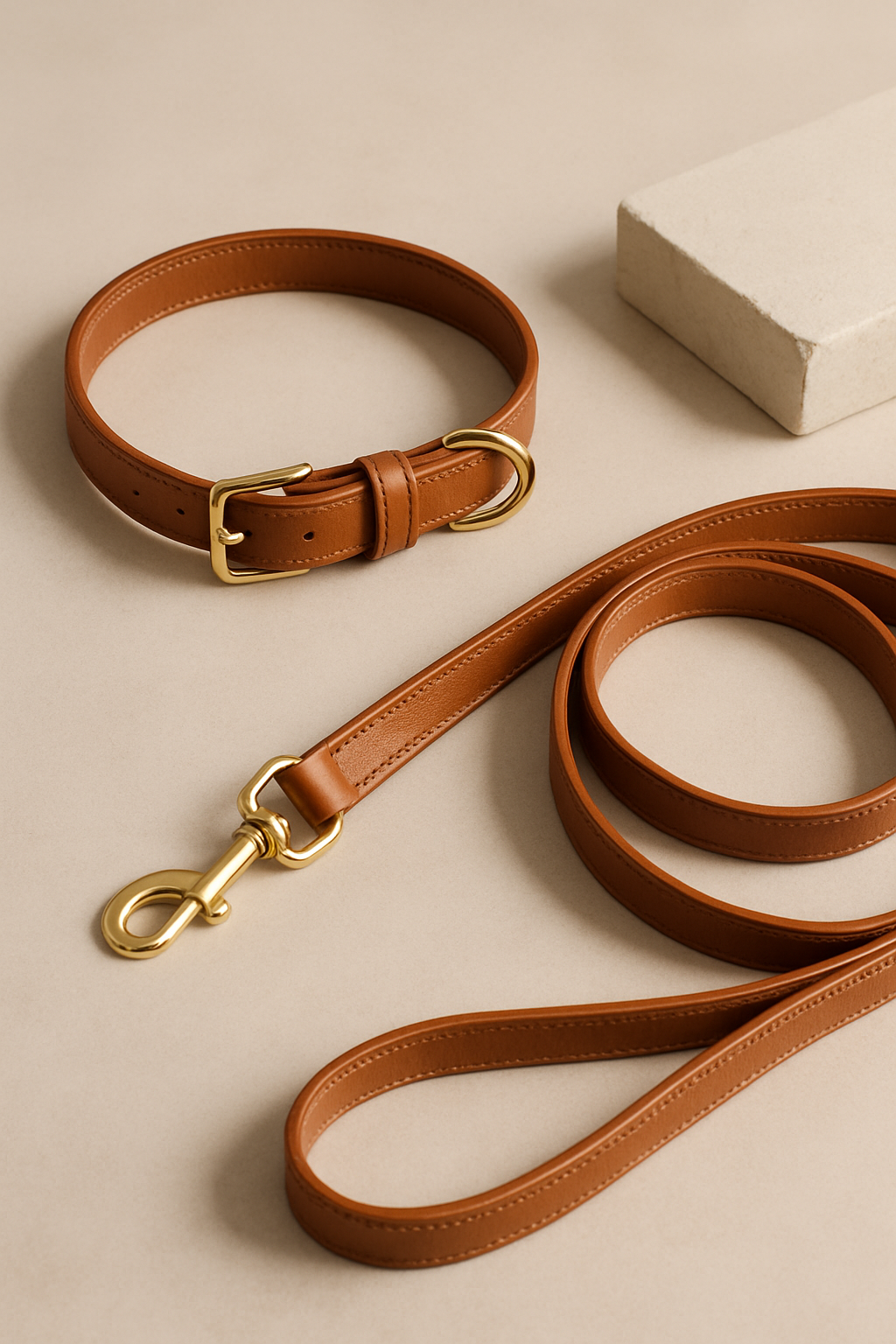 Cognac leather dog collar and matching lead with refined brass hardware on a neutral light background