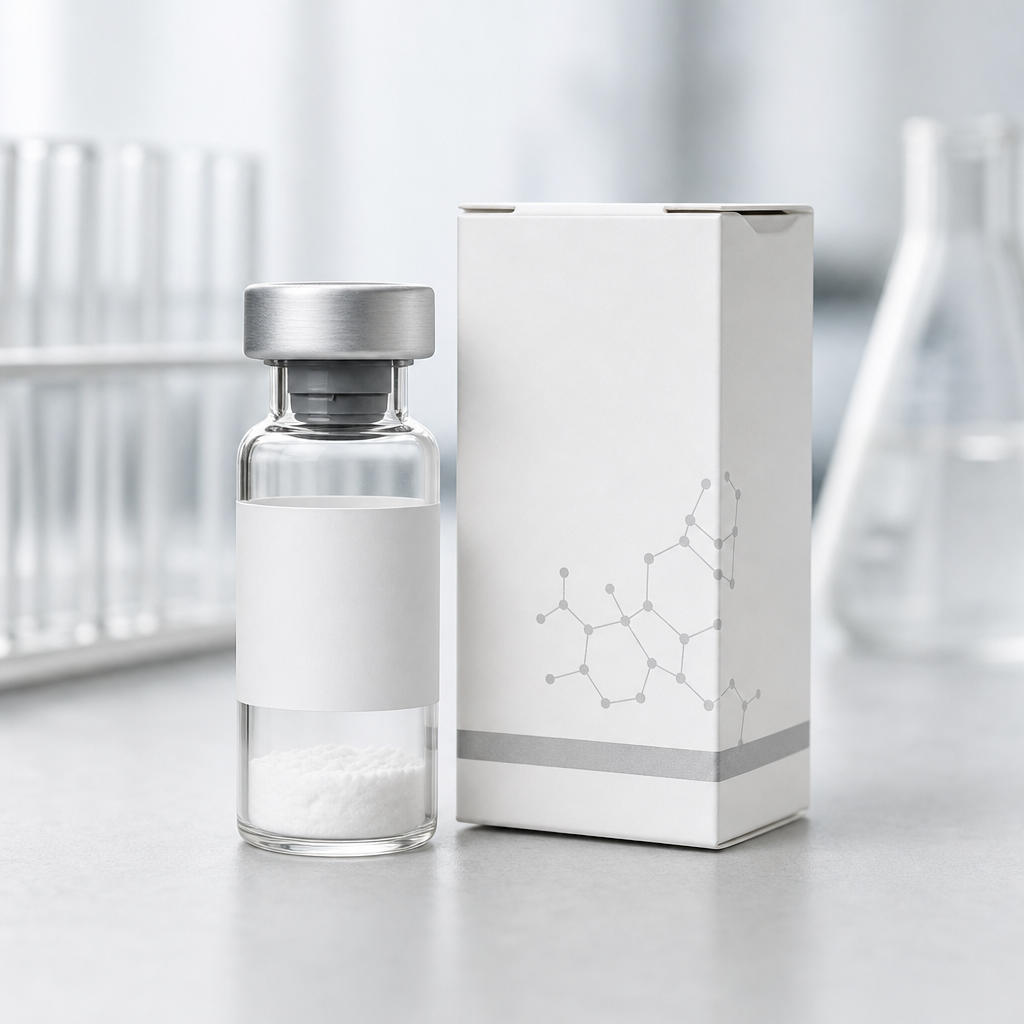 A clean, minimal photo of a clear glass peptide vial with a silver cap and a labeled white box beside it, presented on a soft neutral surface.